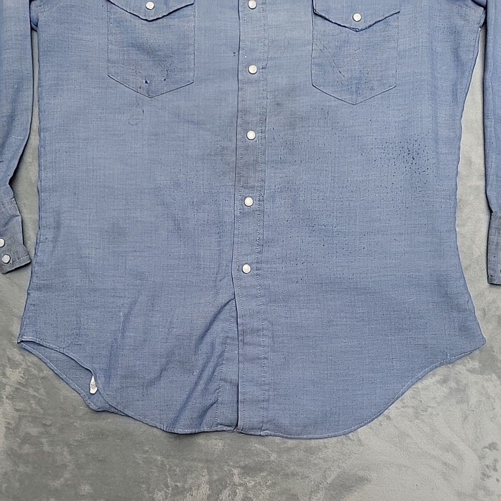 VTG Wrangler Western Pearl Snap Shirt Mens 16.5 Blue Cowboy Workwear Made In USA - Picture 2 of 10